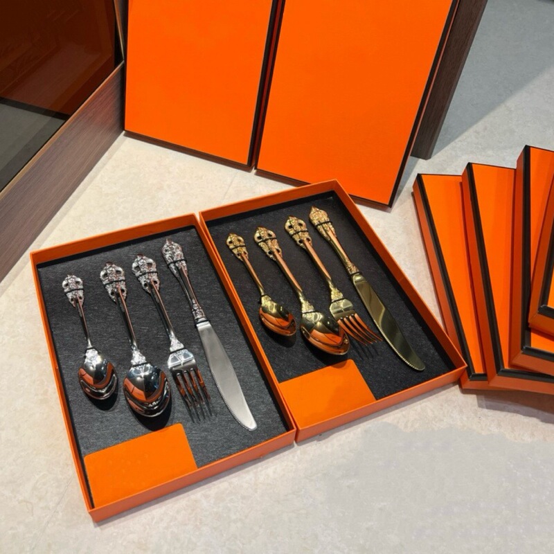H Brand High-End Palace-Style Embossed 304 Stainless Steel Steak Knife, Fork, Spoon, Soup Spoon, Western Tableware Gift Manufacturer Wholesale