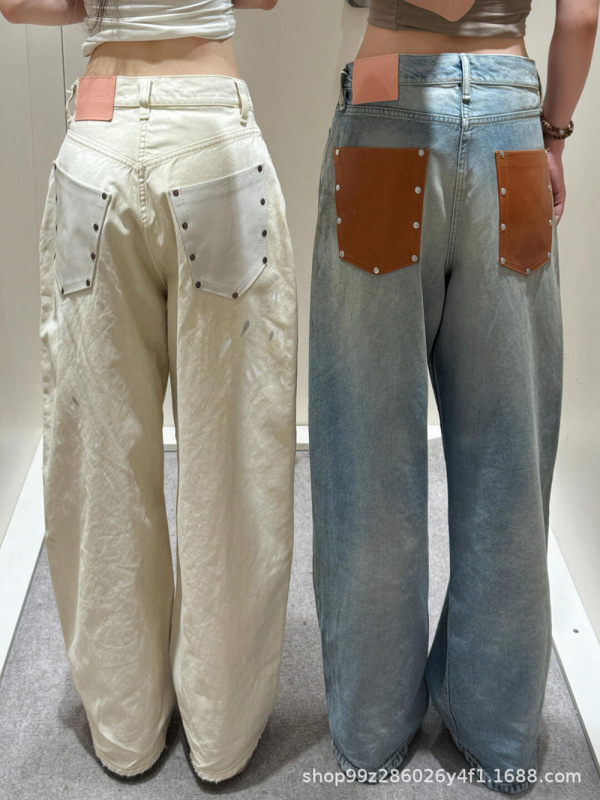 Nanyou 品質 25SS レトロなダメージ加工レザーポケットステッチリベットルーズワイドレッグダーティージーンズカップルスタイル|undefined