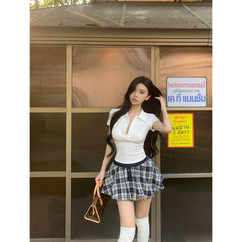 Реальный снимок и реальная цена, сексуальный стиль, тонкий топ с короткими рукавами и воротником-поло для женщин, клетчатая юбка с защитой от воздействия цветов, комплект из двух предметов