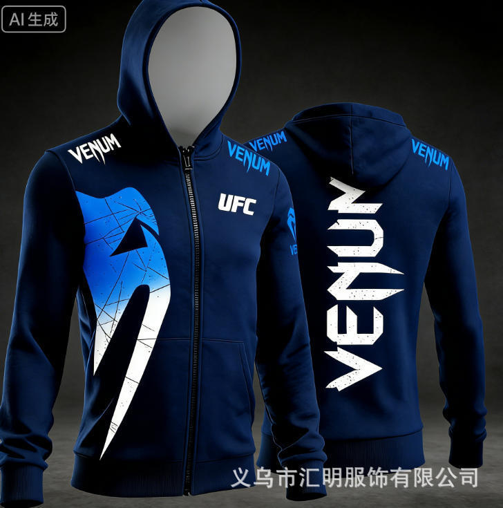 New Cross-Border Venum Ufc Navy Blue and White Geometric Print Zip-Up Hoodie, Sporty and Cool Fighting Style New Cross-Border Venum Ufc Navy Blue and White Geometric Print Zip-Up Hoodie, Sporty and Cool Fighting Style