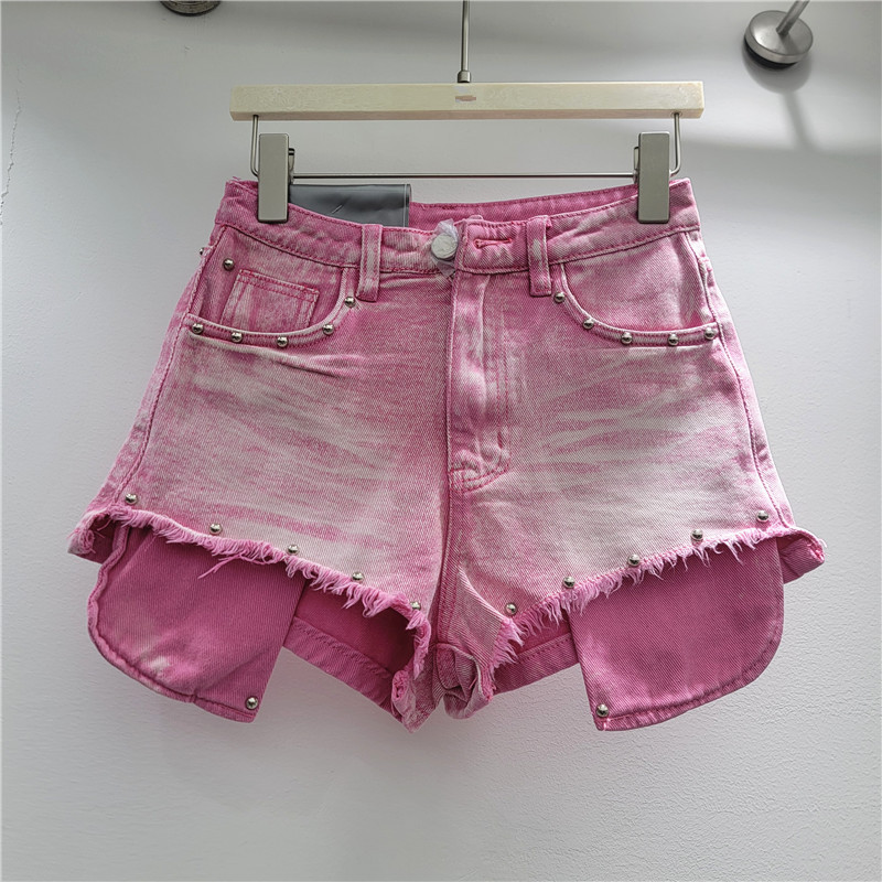 Pantalón Corto Vaquero con Remaches y Flecos de Denim, Pernera Ancha, para Verano y Uso Diario