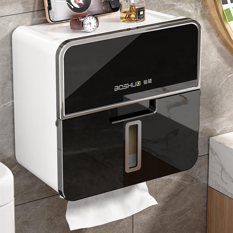 High-End Luxury Tissue Box, Double-Layer Bathroom Toilet Paper Holder, No-Drill Toilet Roll Holder, Tissue Storage Box, Drawer-Style