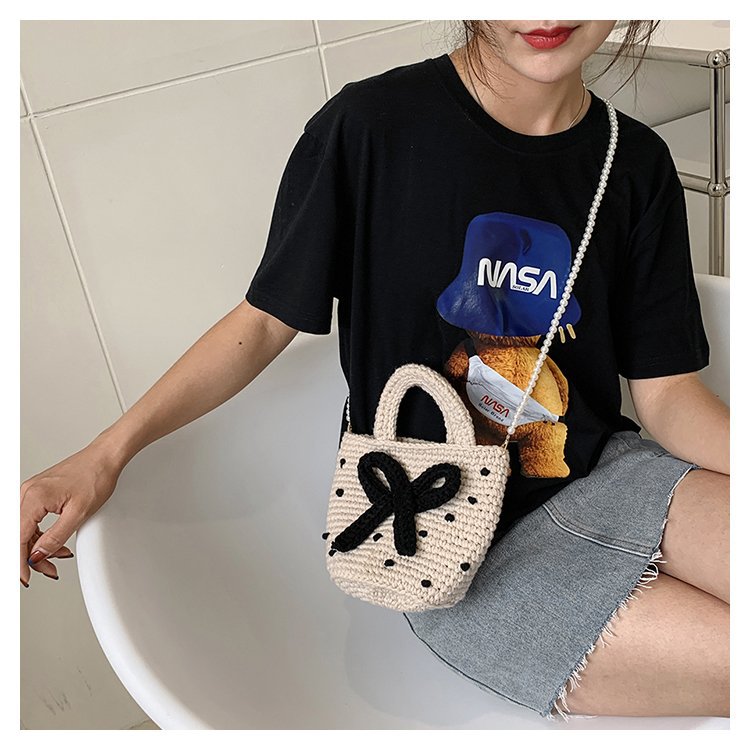 Women's Medium Cotton Polka Dots Bow Knot Cute Vintage Style Beading Open Bucket Bag display picture 11