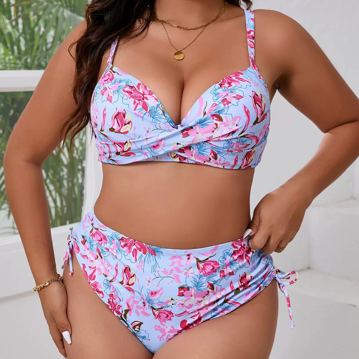 2025新款欧美跨境外贸硬杯抽绳分体大码碎花印花清新比基尼泳衣女
