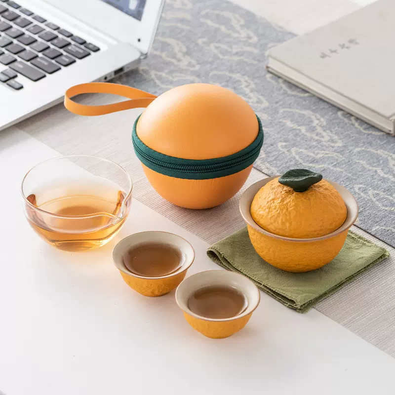 大橘桔大利旅行茶具快客杯一壶两杯户外便携高档创意商务伴手礼品