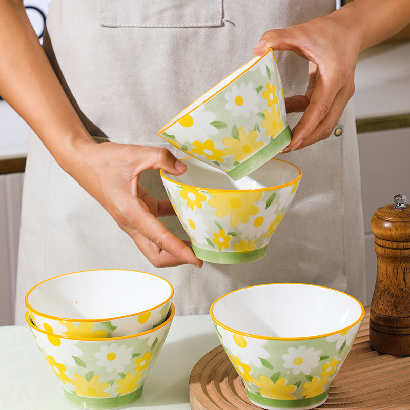 Little Daisy Bowl and Plate Set 5inch Bamboo Hat Bowl Household Ceramic Tableware Bowl and Plate Noodle Bowl Soup Bowl Couple Bowl A^