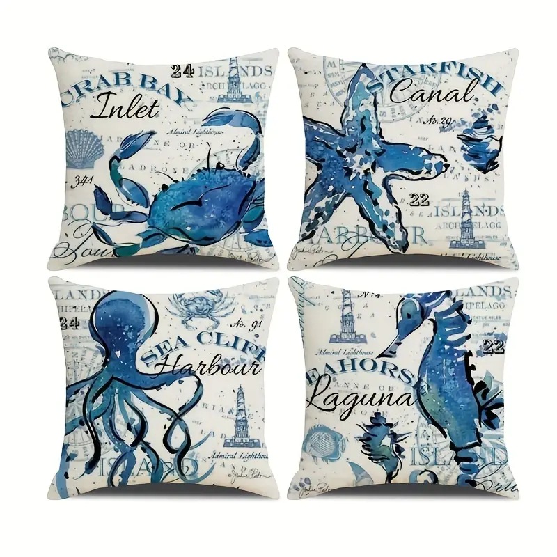 2024 Estilo explosivo transfronterizo Animales marinos Mundo submarino Patrón Funda de almohada Bandera de mesa de sala de estar con estampado de lino de Amazon image 4