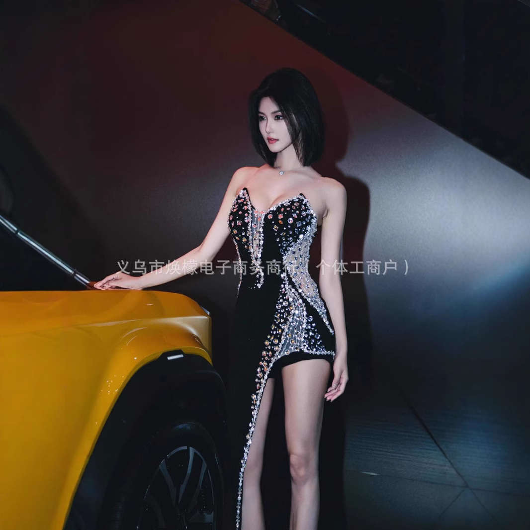 In-Stock European and American Style Shiny Rhinestone Sexy Strapless Slit Dress Hot Socialite Party Cocktail Bandage Evening Gown