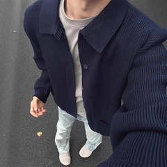 藏青色针织开衫男单排纽扣翻领卫衣外套美式cleanfit羊毛夹克衫潮
