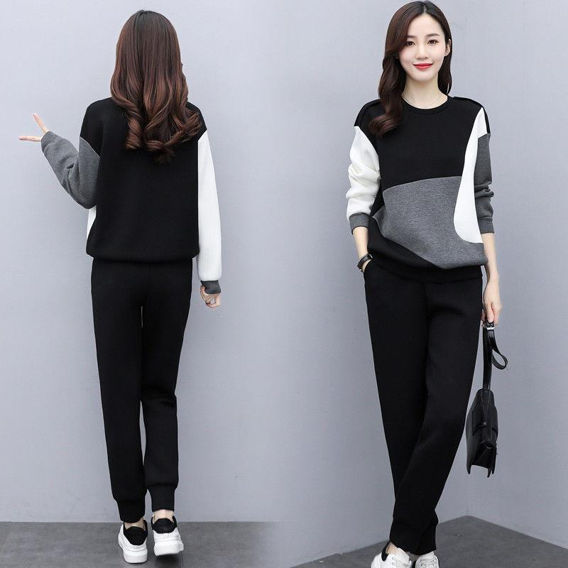 跨境春秋新款韩版时尚套装女拼接洋气减龄显瘦大码女装休闲两件套