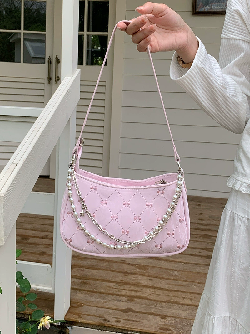 Fuchsia shoulder bag, underarm bag with diamond pattern, one-shoulder bag