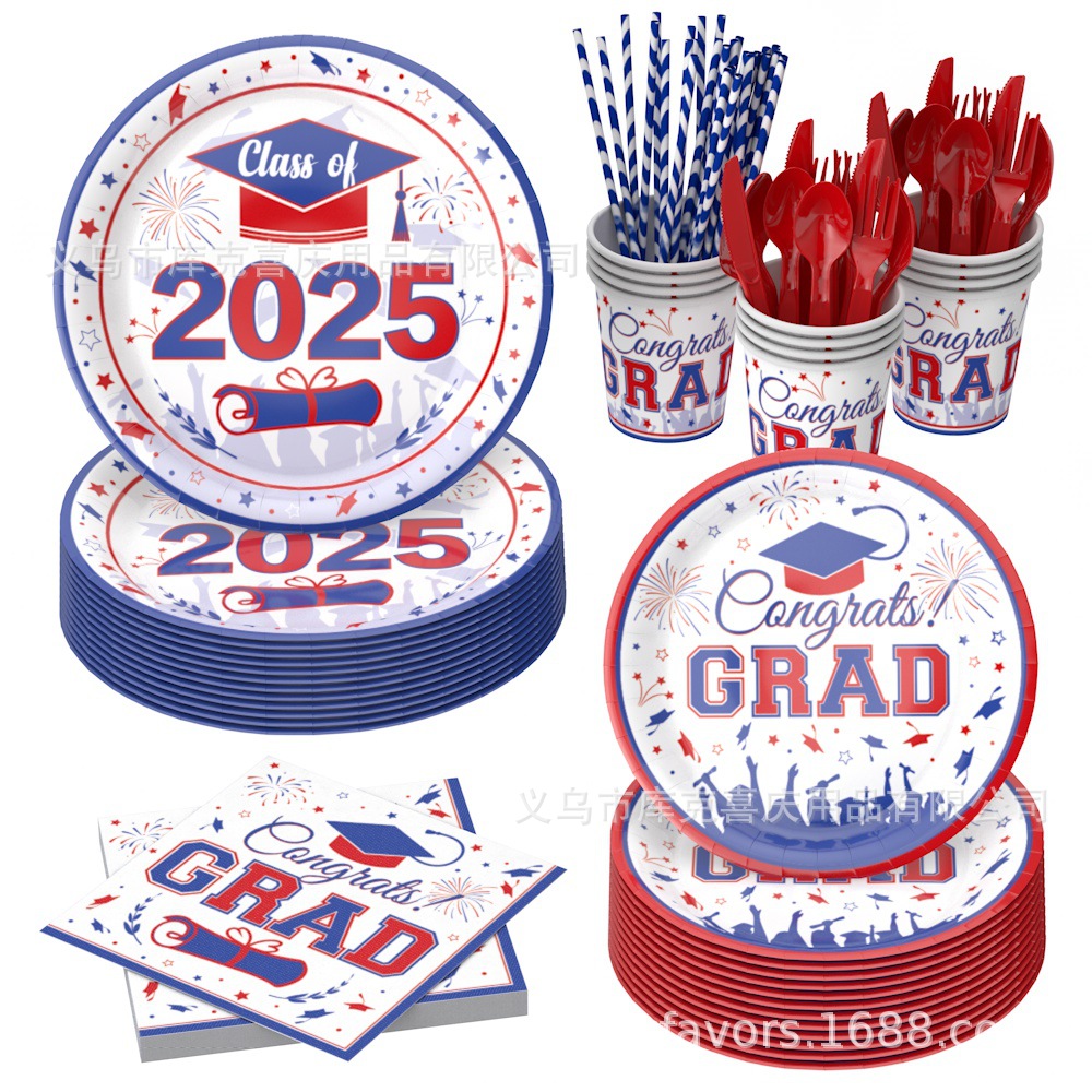 2025 temporada de graduación roja y azul fiesta decoración de la fiesta de graduación bandeja de papel desechable tazas de papel toallas de papel cubiertos