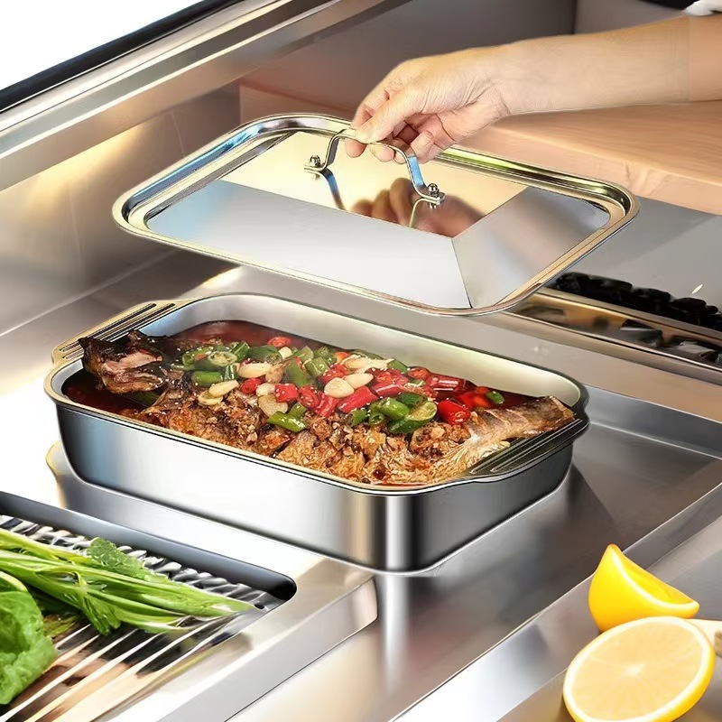 食品级不锈钢烤鱼盘带盖烧烤盘托盘方盘盘子露营野餐盘方形小龙虾
