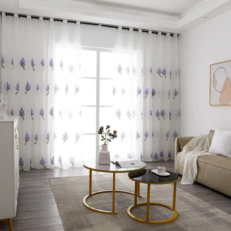 Factory Direct Sales Modern Simple Cotton Embroidered Window Screen Lavender Pattern Curtain Cloth Window Screen Living Room Bedroom