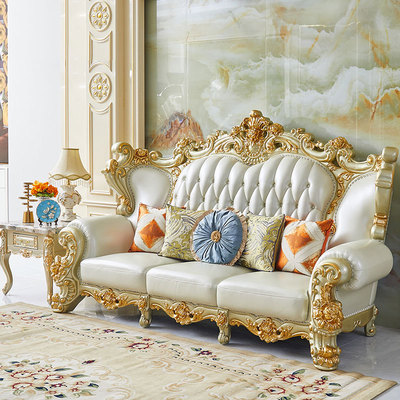 European style solid wood sofa The big house villa a living room American style high-grade Luxurious The first layer genuine leather sofa 123 combination
