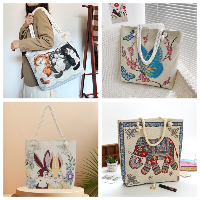 Ethnic Style Women's Medium Canvas Large Bag Double-sided Embroidery Shoulder Bag Students Large Capacity Elephant Bag Travel Gifts