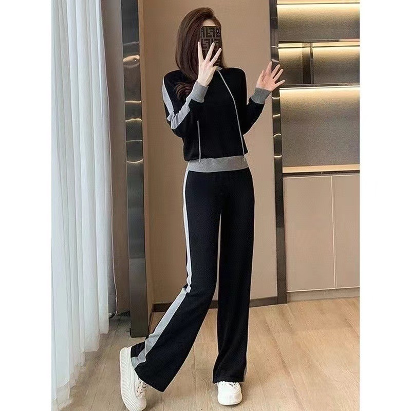 Wide-Leg Pants Suit Women's 2025 Autum New Korean Style Waffle Style Slimming Look Sports and Leisure Two-Piece Trendy Set