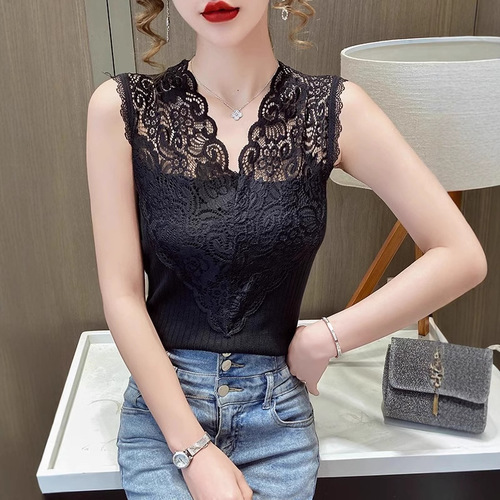 Curve-beaded Ice Silk Spring/Summer Knitted Camisole for Women: French-style V-neck Lace, Slimming, and Chic Sleeveless Top