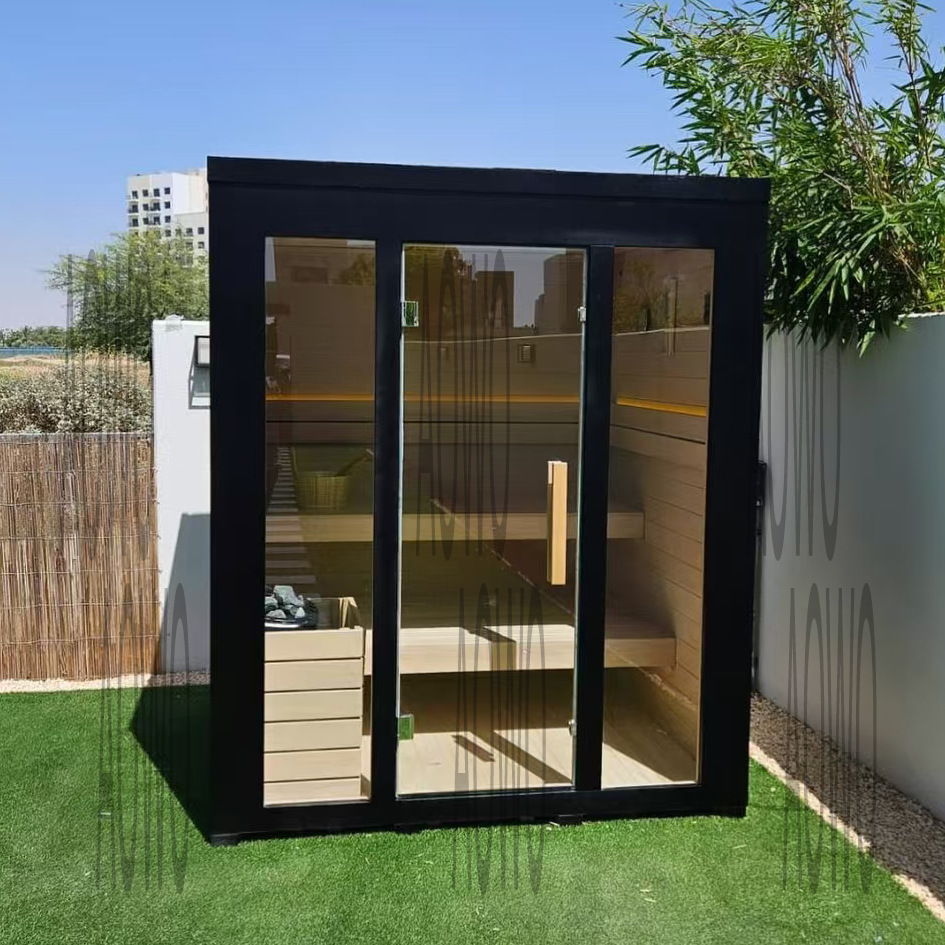 Sauna al aire libre importada de Canadá madera de tecia puede personalizar tamaño de estilo de sauna piedra infrarroja lejana