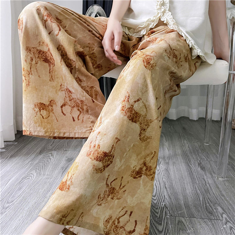 Pantalones de pijama de seda de algodón para mujer Pantalones de pierna ancha casuales impresos de dibujos animados delgados de verano las mujeres embarazadas pueden usar pantalones de comercio exterior pantalones de una sola capa