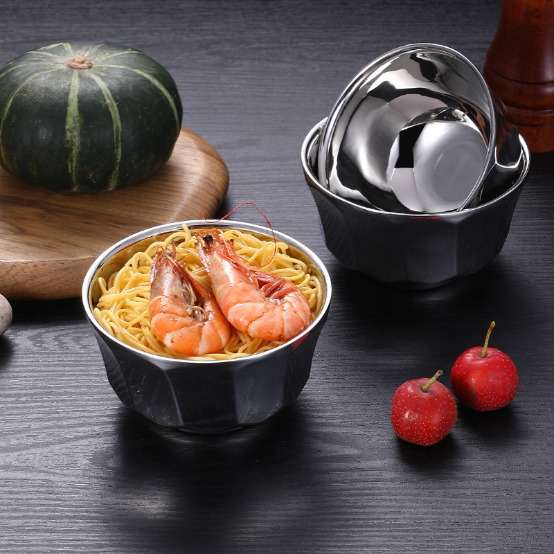 Factory Direct Sales 304 Stainless Steel Bowl, Double-Layer Bowl, Heat-Insulated, Anti-Scalding, Thickened Large Soup Bowl, School Cafeteria Children's Rice Bowl