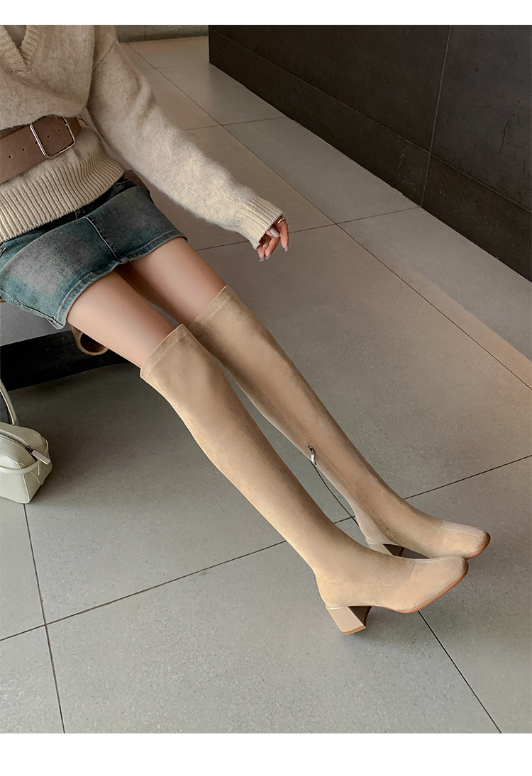 Boot nữ cổ cao ôm chân co giãn da lộn gót cao 9 cm — đen, mơ chi tiết 24
