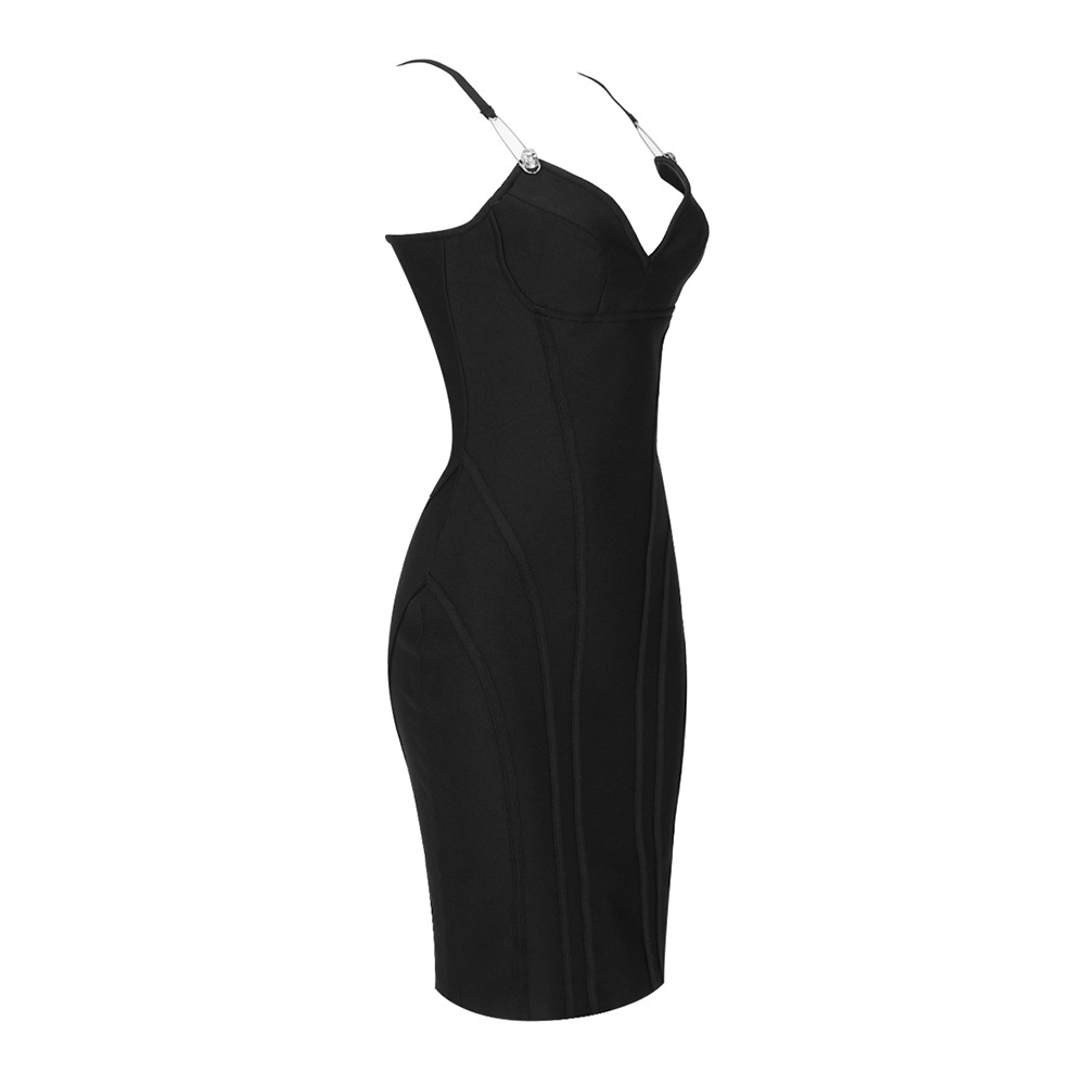 Summer Black V Neck Skull Pin Suspender Slimming Bandage Hip Dress Women Clothing