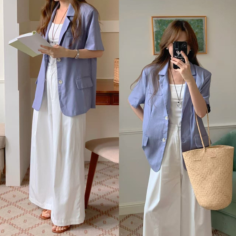 Korean Dongdaemun 2026 Summer New French Retro Style Lapel Single-Breasted Loose Cotton-Linen Blazer for Women