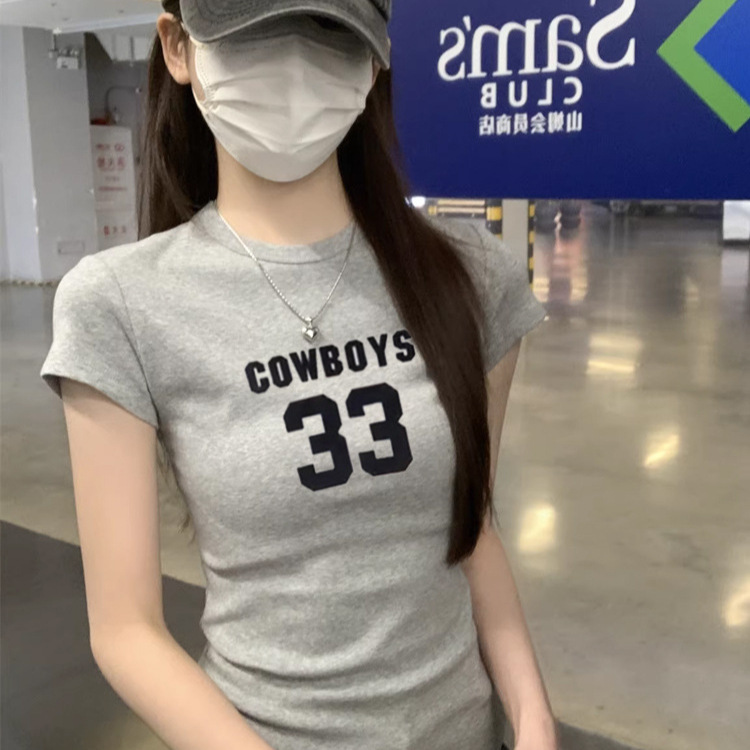Gray Round Neck Short-Sleeved T-Shirt for Women, Summer Style, American-Style Letter and Number Design, Sports Casual Style Top