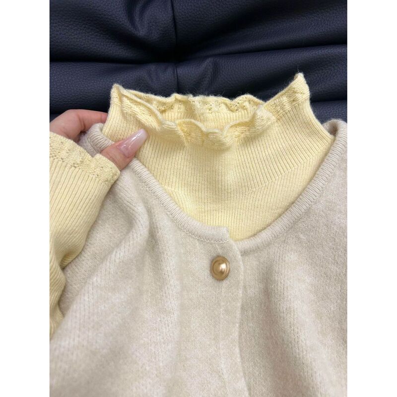 Creamy Yellow Elegant Miu-Style Knitted Base Sweater for Women, Autumn and Winter Lace Patchwork Half-Turtleneck Sweater Top Creamy Yellow Elegant Miu-Style Knitted Base Sweater for Women, Autumn and Winter Lace Patchwork Half-Turtleneck Sweater Top
