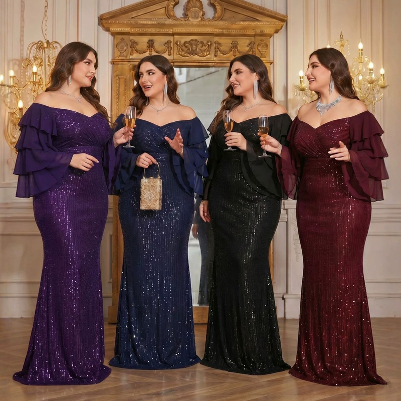 Real Shot of Cross-Border Plus-Size Women's Fashion: European and American Style Off-Shoulder Dress with Layered Sleeves, Elegant and Graceful Bridesmaid Dress for Curvy Women, Slim-Fit Dress