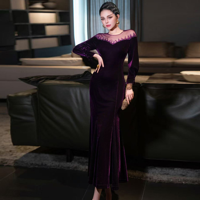 2025 European and American Cross-Border Round Neck Long-Sleeved Toast Dress Velvet Evening Dress Prom Party Annual Meeting Long Dress