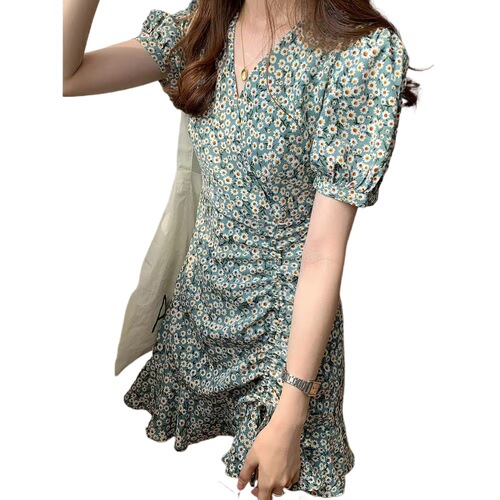 Floral Dress for Women, French Bubblesleeve Summer Fitted Waist Tied String Daisies Fish Tail Short Dress