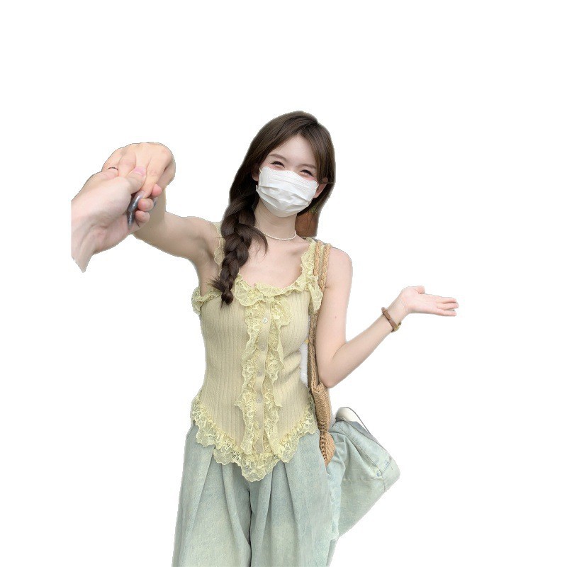 夏季新款设计感蕾丝拼接无袖背心吊带女夏季纯欲修身显瘦百搭短款|undefined
