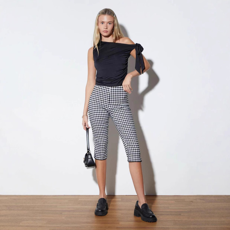 2025 European and American Amazon Plaid Capri Pants Women's Summer Thin Straight Casual Pants Stretch Slimming Leg Pants