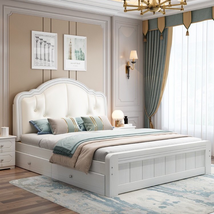 Cama de madera maciza moderna y simple estilo europeo lujo ligero 1.5m cama doble dormitorio principal 1.8 cama individual económica americana 1.2m