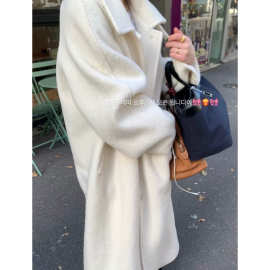 现 2025冬季新款韩国设计师ribb*nbit羊毛长款白色毛呢大衣外套