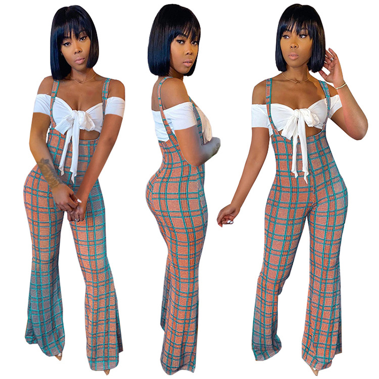 Short-Sleeved Crop Top High-Waist Plaid Jumpsuit 2 Piece Set NSGLS100250