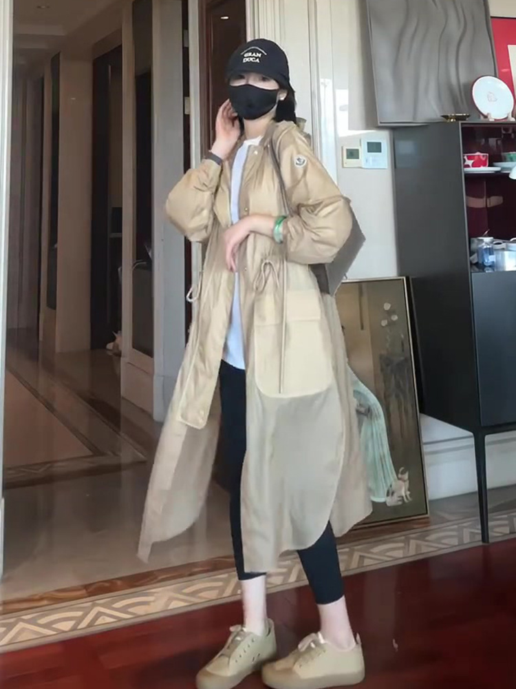Áo khoác chống nắng dáng dài có mũ trùm đầu kaki mỏng nhẹ mùa hè — Màu kaki chi tiết 5