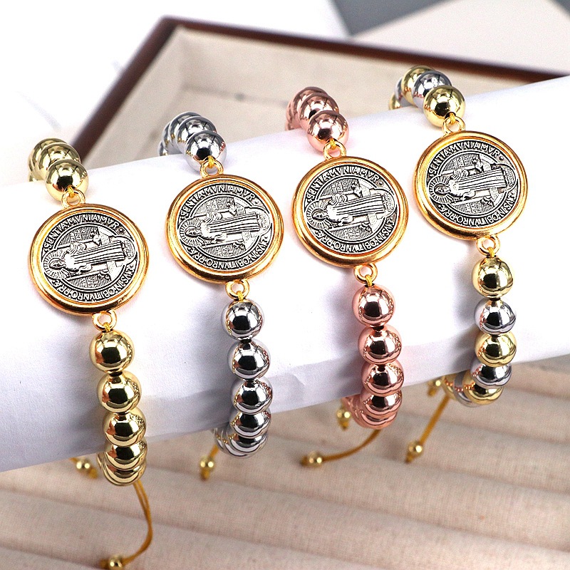 Gold Plated Plating Material Wholesale Jewelry Casual Vintage Style Religion Human Saint Benedict Copper Gold Plated Beaded Bracelets