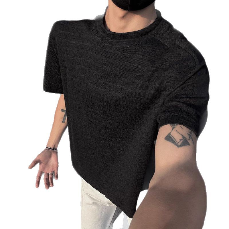 T-shirt jacquard court et respirant de couleur unie pour homme, coupe slim, polyvalent, col rond, manches mi-longues_voghion.com