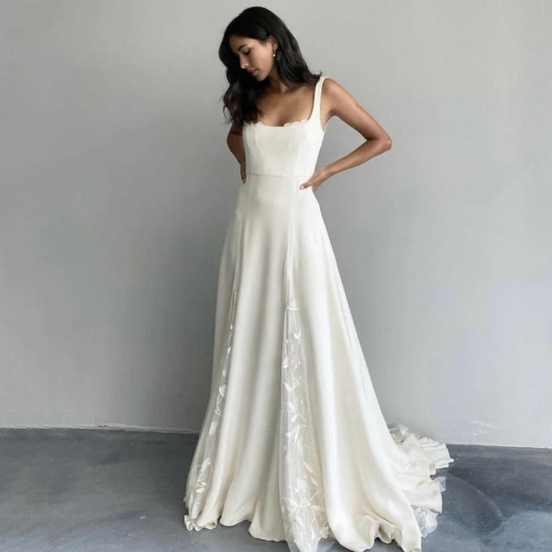 Foreign Trade Wedding Dress, Forest Style, 2026 Spring/Summer New Model, Simple Square Neck, Slim Fit, Sheer, Travel Photography, Trailing Soft Tulle, Slimming Effect