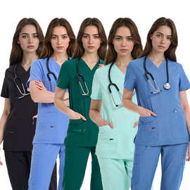 scrub set 亚马逊新品洗手衣多色可选弹力速干医生制服手术衣外贸