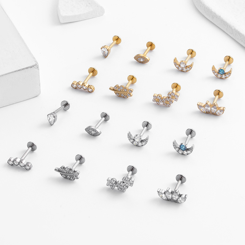 Women'S Gender Inlay Design 1 Piece Ear Cartilage Rings & Studs Fashion Leaf Moon Flower Pure Titanium Inlaid Zircon