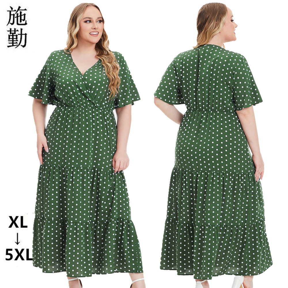 Новая летняя женская одежда больших размеров от Amazon, трансграничная коллекция из Европы и Америки, платье больших размеров с V-образным вырезом и короткими рукавами в горошек, 1982 г.