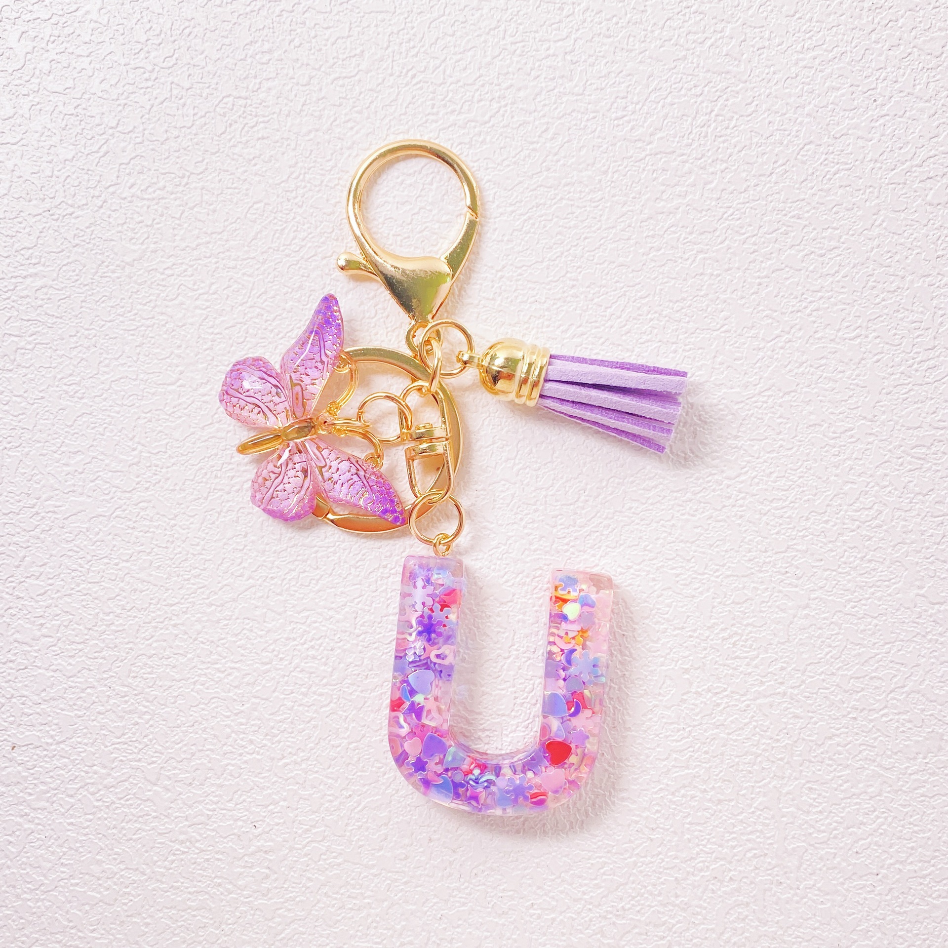 20g Weight Sequins Inlay Material Keychain Classification Daily Occasion Epoxy Material Letter, Butterfly Pattern Women's Gender Sweet Style Purple Color Letter Butterfly Keychain Epoxy Sequins Women's Sweet Keychain 22