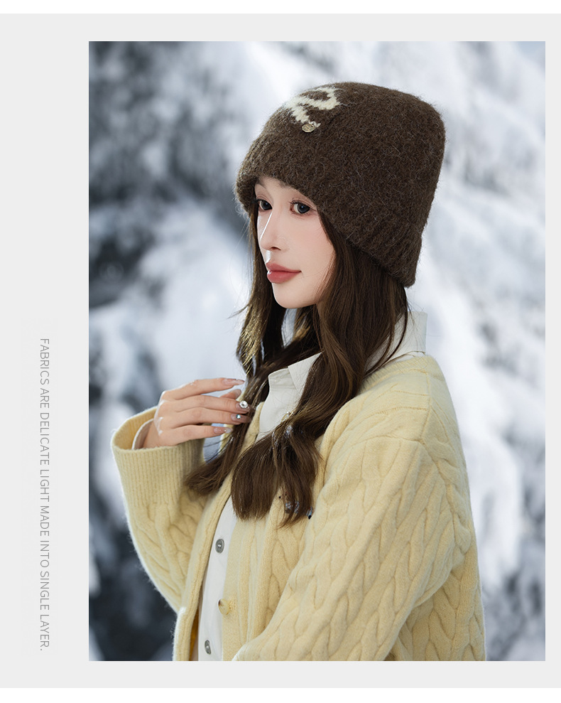 Swee Cue Bow Jacquard Knied Beanie Auumn Winer Lierary Versaile Large Head Circumference Wool Cold-proof Warm_voghion.com