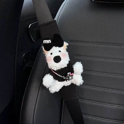 Seat belt shoulder pad Covers, West Highland Dolls for Women - camera-diamond-m-black-knot-black-sweater-west-highland-black-shoulder-pads-hand-sewn