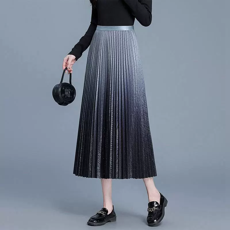 针织时髦渐变色百褶半身裙女2025年春夏新款松紧腰通勤大摆中长裙