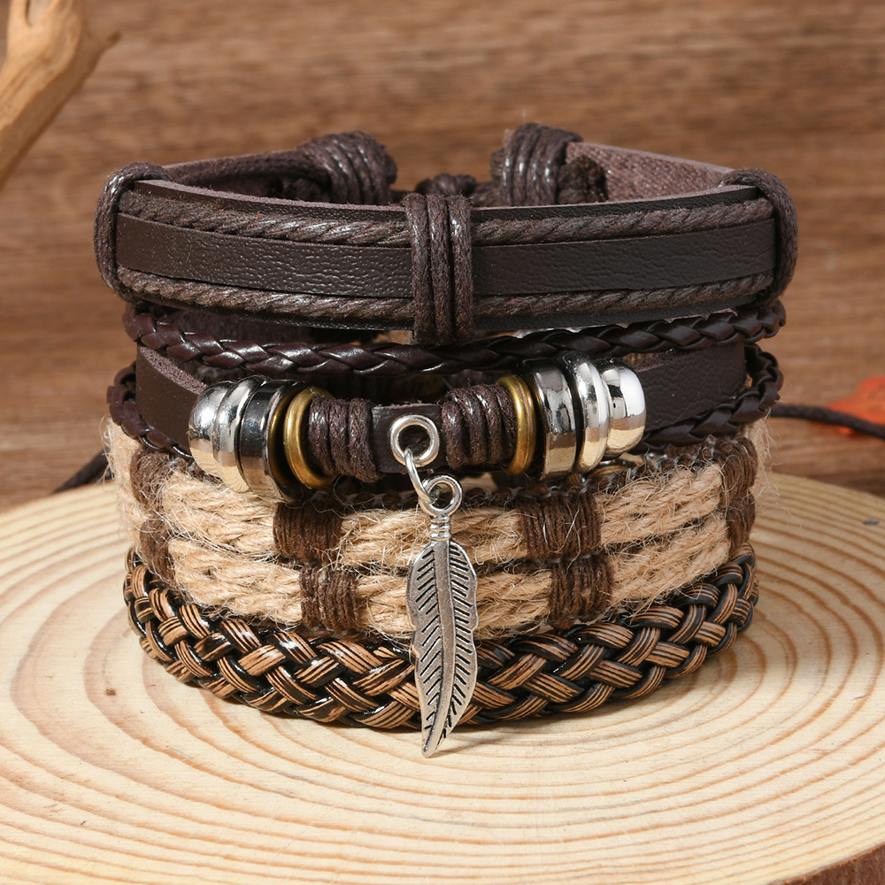 TEMU European and American Retro Style Beaded Alloy Feather Pendant Hand-woven Multi-layer Leather Men's Leather Bracelet